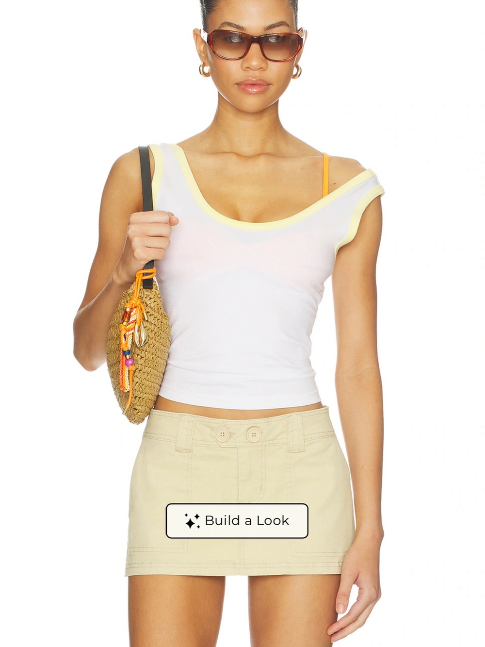 Good American White Scoop-Neck Tank with Yellow Trim